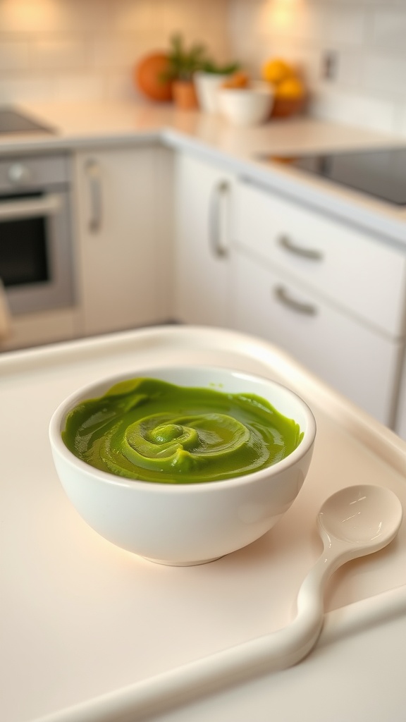 A bowl of fresh spinach puree for babies, accompanied by a baby spoon on a high chair tray.